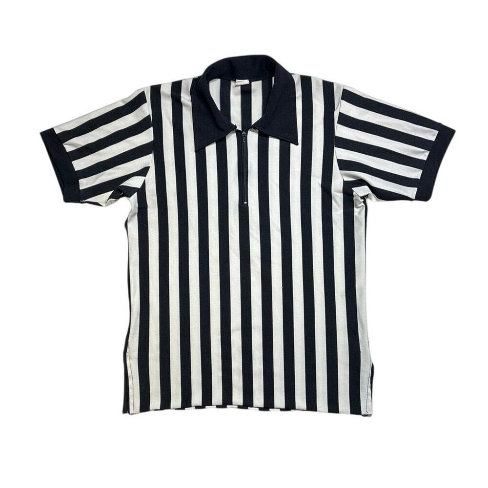 1970-80s Referee Shirt Jersey Men's L Zip Front Striped Ref Costume True Vintage